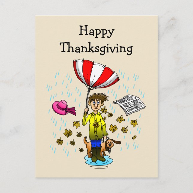 Rainy and Windy Day Happy Thanksgiving Postcard (Front)