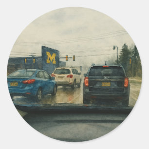 Rainy Ann Arbor Intersection, Big House Watercolor Classic Round Sticker