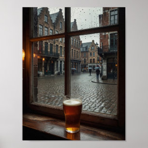 Rainy Belgian Tavern Window Mood Poster