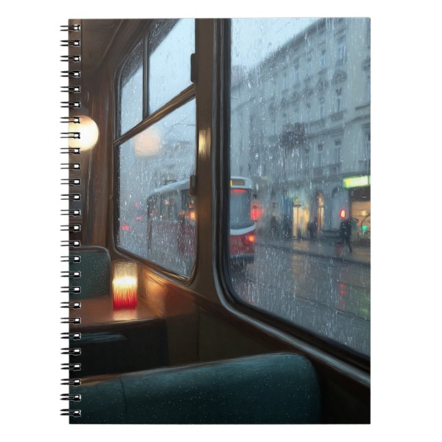Rainy Café Window Tram Ride Notebook (Front)