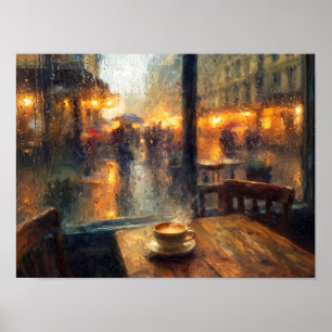 Rainy Cafe Window with Coffee Cup Painting Poster