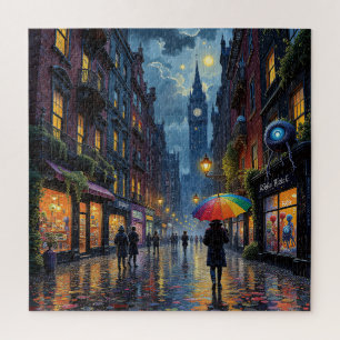 Rainy City Night Walk – Reflections & Umbrella Art Jigsaw Puzzle