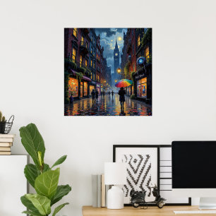 Rainy City Night Walk – Reflections & Umbrella Art Poster