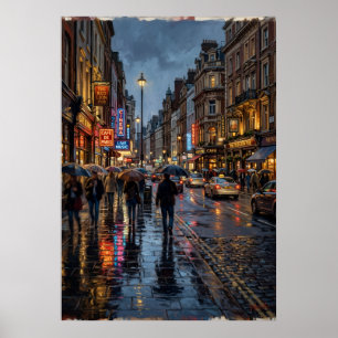 Rainy City Street Poster Neon Lights Night Scene