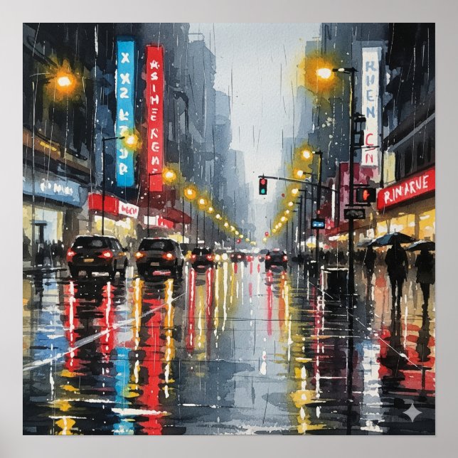 Rainy City Street Watercolor Poster (Front)