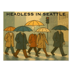 Rainy City Walkers with Umbrella Heads Seattle Art Photo Print