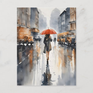 Rainy city watercolor art postcard