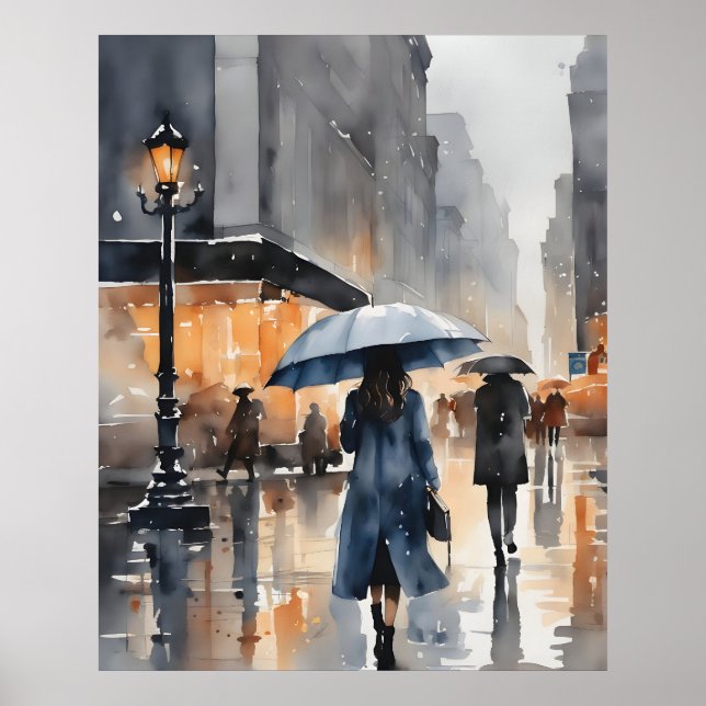 Rainy city watercolor art poster (Front)