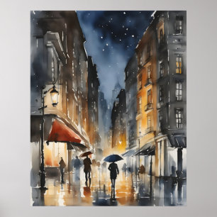 Rainy city watercolor art poster