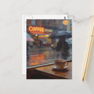 Rainy Day Abstract Woman A Umbrella Coffee Shop Postcard
