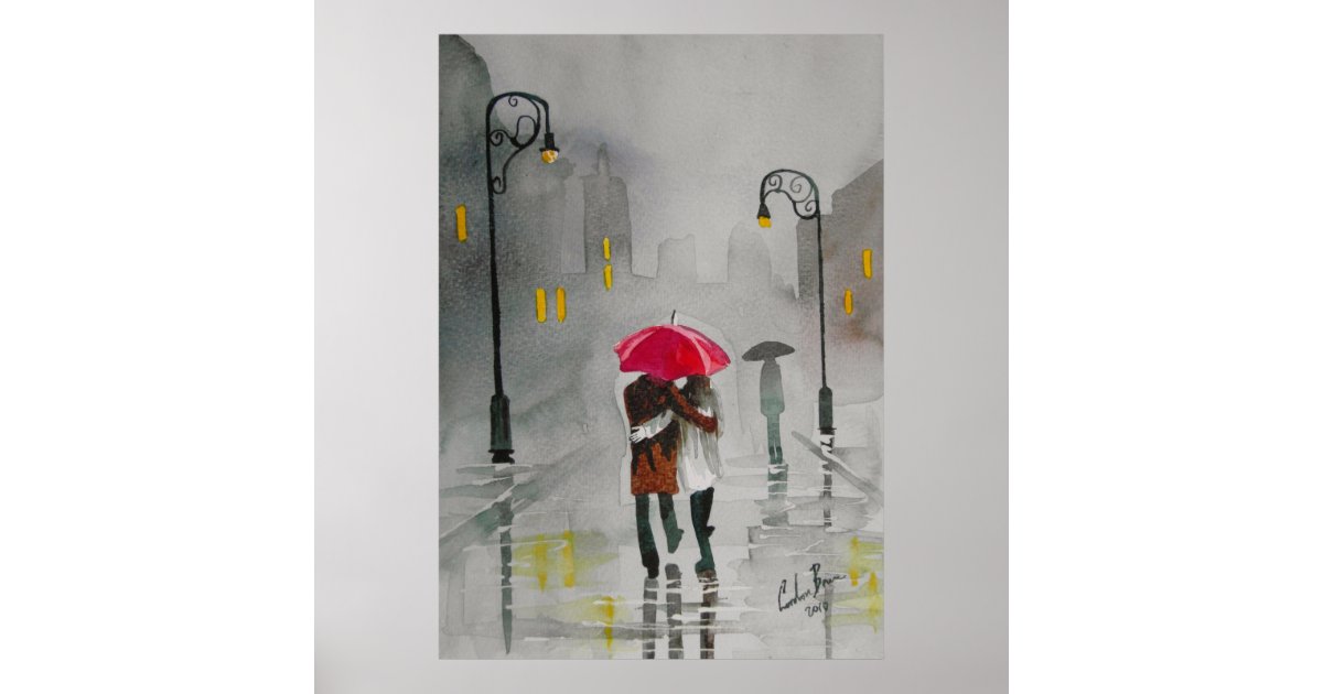 Rainy day autumn red umbrella romantic couple poster | Zazzle.co.uk