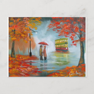 Rainy day autumn red umbrella tram painting postcard