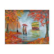 Rainy day autumn red umbrella tram painting