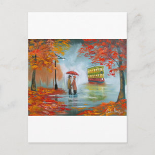 Rainy day autumn red umbrella tram painting postcard
