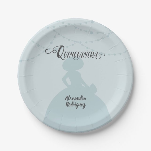Rainy Day Blue Charro Silhouette Quinceanera Paper Plate (Front)