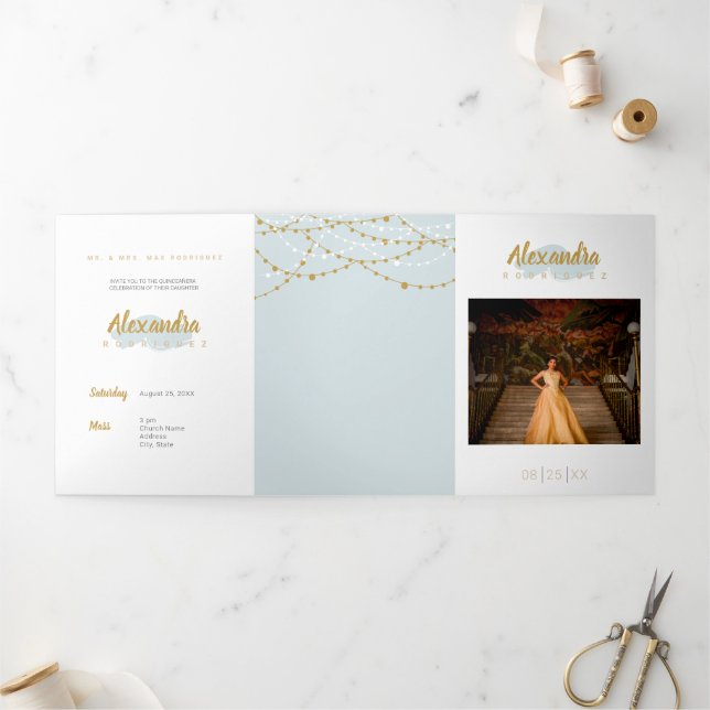 Rainy Day Blue Photo Quinceanera Tri-Fold Invitation (Outside)