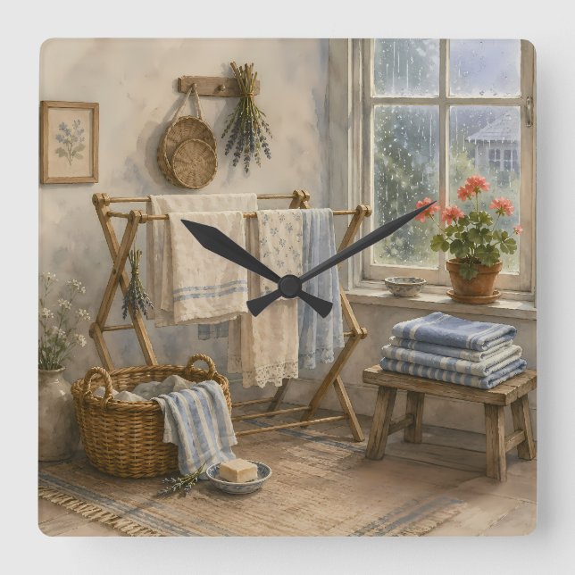 Rainy Day Cottage Laundry Room Square Wall Clock (Front)