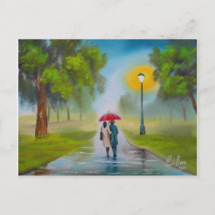 RAINY DAY COUPLE UMBRELLA PAINTING POSTCARD