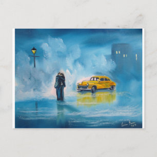 RAINY DAY COUPLE YELLOW TAXI CAB POSTCARD
