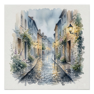 Rainy Day European Cobblestone Street Watercolor Poster