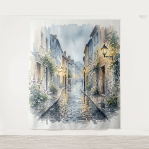 Rainy Day European Cobblestone Street Watercolor Tapestry