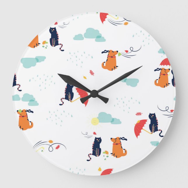 Rainy Day Friends: Cat Dog Vintage Large Clock (Front)