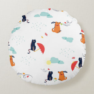 Rainy Day Friends: Cat Dog Vintage Round Cushion
