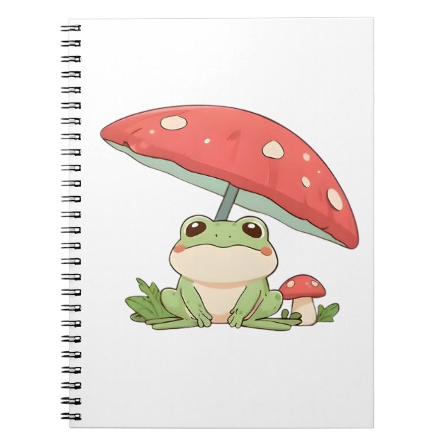Rainy Day Frog Under Mushroom Kawaii Design Notebook (Front)