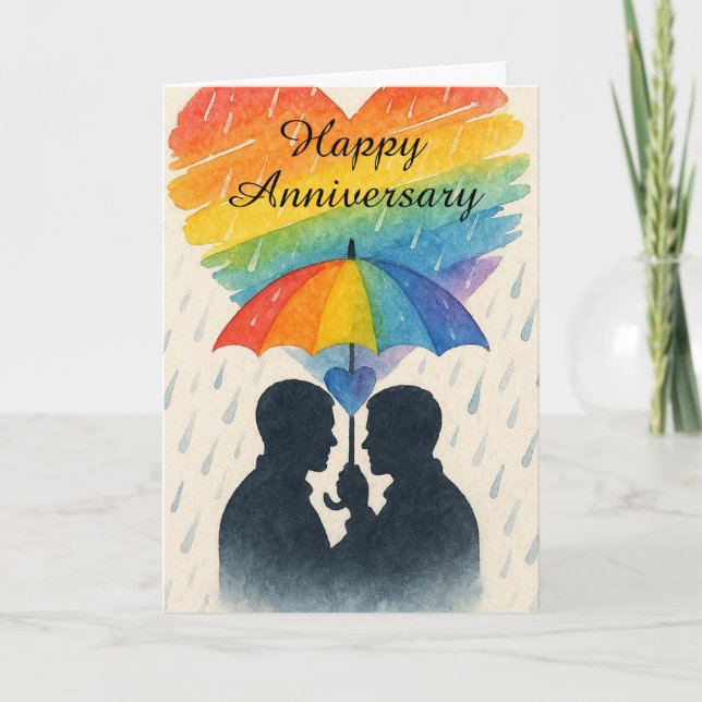 Rainy Day Gay Couple Anniversary Umbrella Love Card (Front)