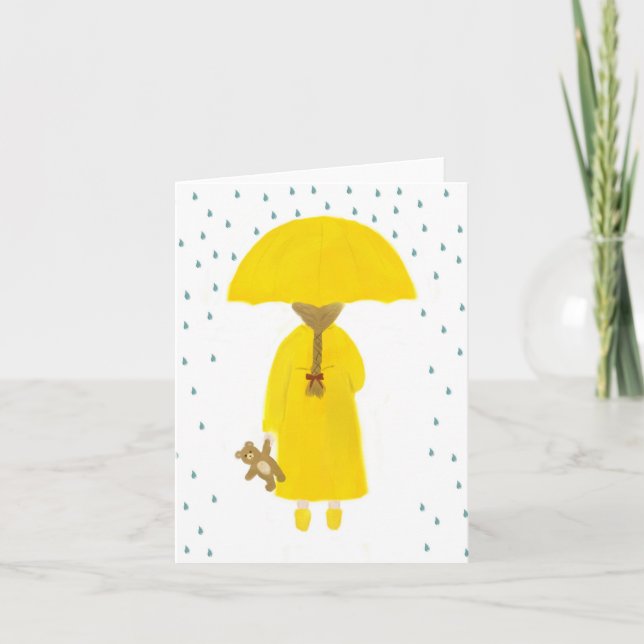 Rainy Day Girl with Teddy Bear Note Card (Front)