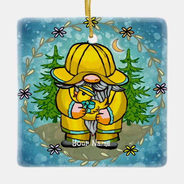 Rainy day gnome  ceramic ornament (Front)