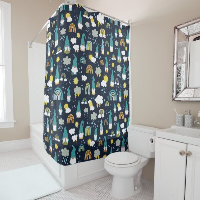 Rainy Day Gnomes Rainbow Kids Shower Curtain (In Situ)