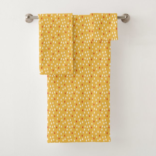 Rainy Day Gold Yellow White Red Raindrops Pattern Bath Towel Set (Insitu)