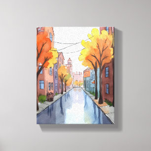 Rainy Day in Boston Watercolor MA Painting Canvas Print