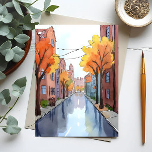 Rainy Day in Boston Watercolor MA Travel Postcard