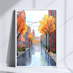 Rainy Day in Boston   Watercolor MA Travel Poster