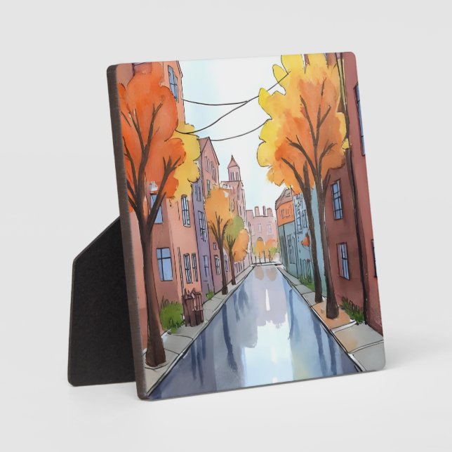 Rainy Day in Boston | Watercolor Painting MA Art Plaque (Front)
