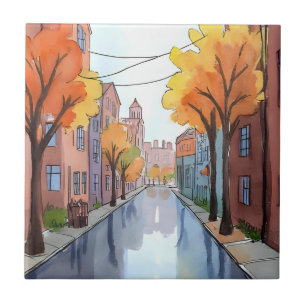 Rainy Day in Boston Watercolor Painting MA Art Tile