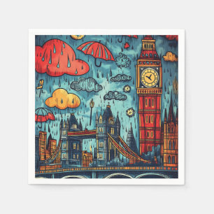 Rainy Day in London, Colorful Doodle Illustration Napkin