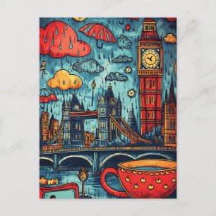  Rainy Day in London, Colorful Doodle Illustration Postcard