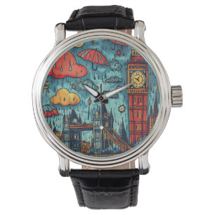  Rainy Day in London, Colorful Doodle Illustration Watch