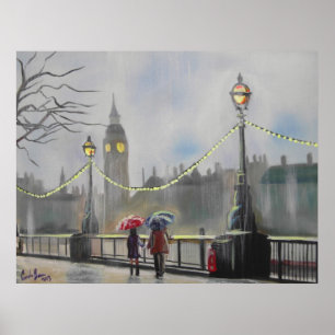 Rainy day in London couple with an umbrella Poster