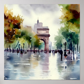 Rainy Day in Washington Square Park Watercolor Art Poster