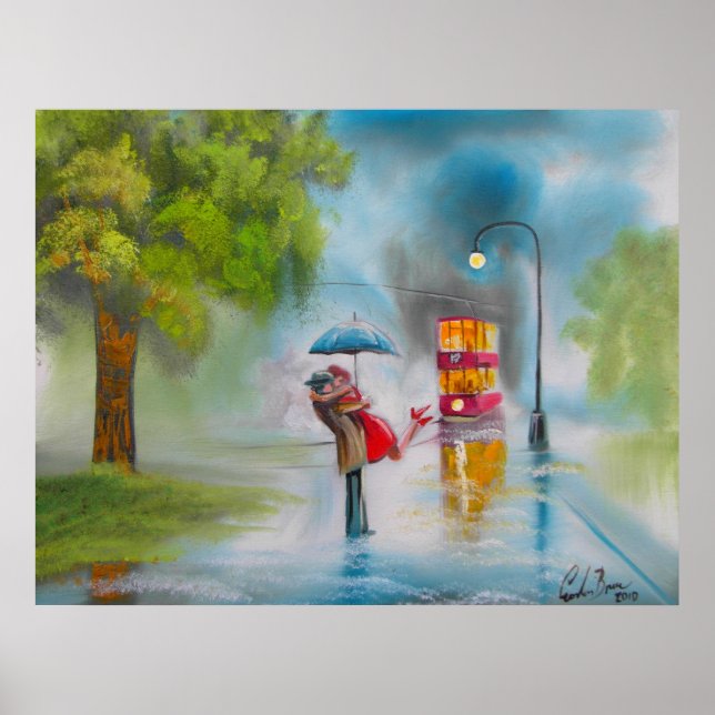 RAINY DAY KISSING COUPLE TRAM UMBRELLA POSTER (Front)