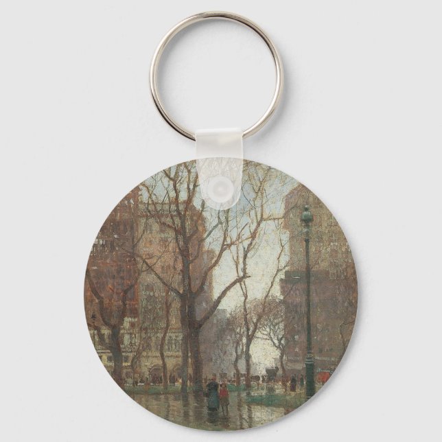 Rainy Day, Madison Square, New York, Paul Cornoyer Key Ring (Front)