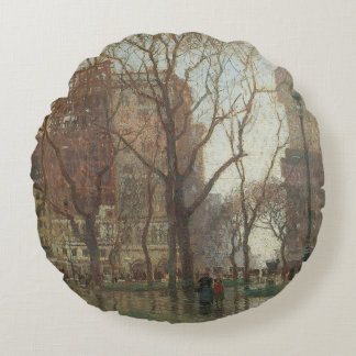 Rainy Day, Madison Square, New York, Paul Cornoyer Round Cushion
