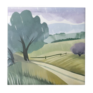 Rainy Day Nature Watercolor Hills Landscape Tile