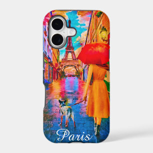 Rainy Day Paris With Eiffel tower girl & Dog