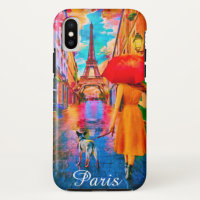 Rainy Day Paris With Eiffel tower girl & Dog