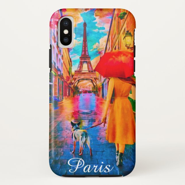 Rainy Day Paris With Eiffel tower girl & Dog Case-Mate iPhone Case (Back)